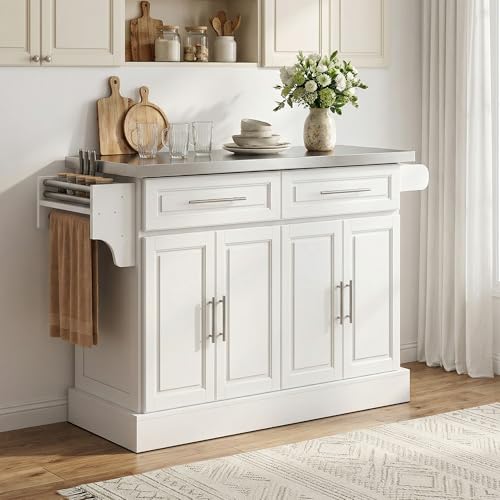 HOMCOM Kitchen Island with 47" Stainless Steel Top, Rolling Kitchen Cart on Wheels with 2 Drawers, 2 Cabinets, Towel & Knife & Spice Rack, White