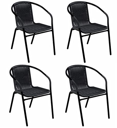 BTEXPERT Indoor Outdoor 4 - Set of Four Black Restaurant Rattan Stack Chairs