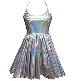 Pinda Summer Musical Festival Rave Clothes Holographic Wrap Circle Skater Dress (XL, silver)