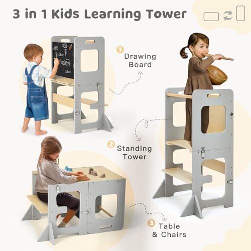 labebe Montessori Tower for Children, Folding Learning Tower with Blackboard, Multifunction 3 in 1 Learning Tower, Tower from 1 Year (Grau)