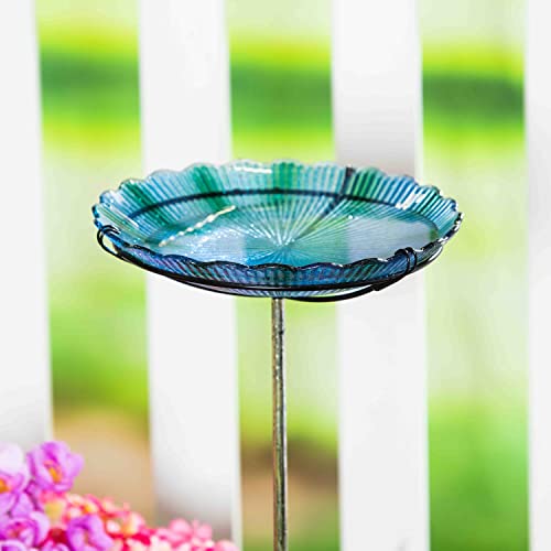 Evergreen Blue Sea Glass Bird Bath with Metal Stake 11”L x 11" W x 26