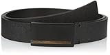 Calvin Klein Men's 32mm Caviar Grain Leather Belt with Wood Inlay On Plaque Buckle