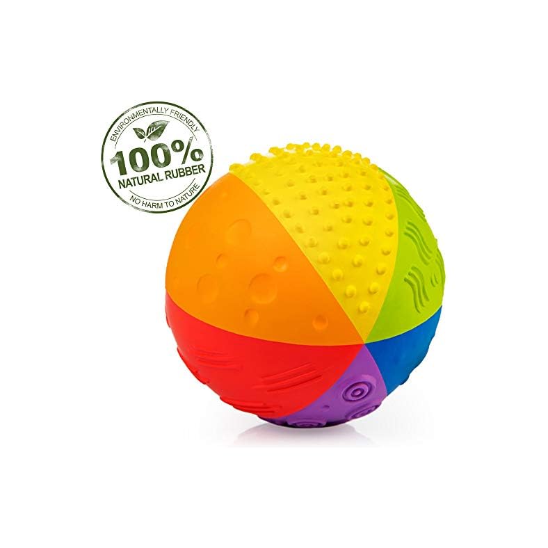 caaocho Pure Natural Rubber Sensory Ball for Babies Rainbow 4″ – Sensory Toy, Promotes Sensory Development, Rainbow Colors, Perfect Bouncer, Gentle Squeaking, BPA Free, PVC Free, Food-Grade Paint