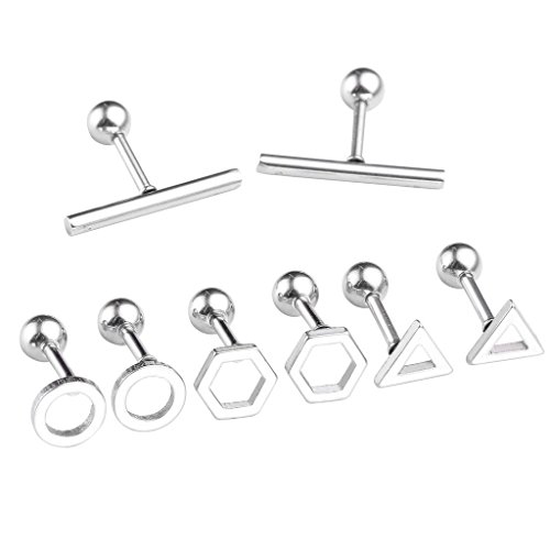 Zysta 8pcs 16G Stainless Steel, Circle, Hexagon, Triangle, Long Barbell, Barbell Ear Helix Cartilage Studs 1/4