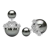 Double Sided Front Back Shell Pearl Beaded Silver Tone Elegant Stud Earrings (Grey Pearl)