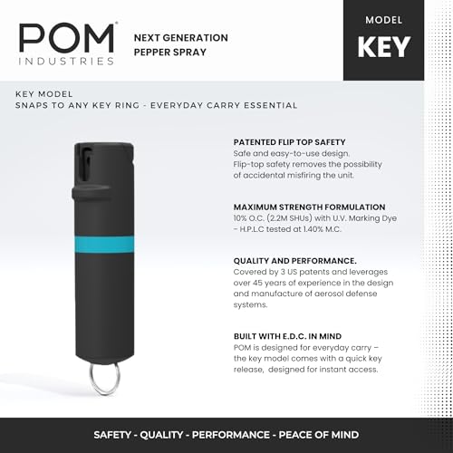 POM Premium Pepper Spray Keychain, Quick Release Access Flip Top Safety, Police Grade OC Formula with UV Marking Dye, 25 Precision Bursts, 10 Foot Effective Range, Made in USA