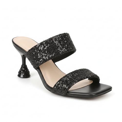 BEDGMDEG Women's Shiny Square Toe Heeled Mule Sandals Fashionable Open Toes Two Strap Sexy Slip On Heels for Party, Wedding, Evening Event (black,9) at Amazon