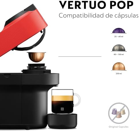 Krups nespresso vertuo pop xn9205 - cafeteira cápsula, máquina de café expresso, 4 tamanhos de xícara, tecnologia centrifusion, 35% plástico reciclado, vermelho picante
