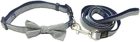 Dog Collar Leash With Bowknot 1 Set, Adjustable Collar 10''~20'' (M, Blue white stripe)