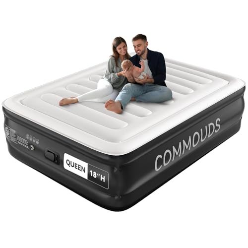 COMMOUDS Queen Air Mattress with Portable Air Pump, 18" High Self-Inflation Inflatable Mattress, Comfortable Blow up Mattress, Air Bed for Camping, Home and Guest