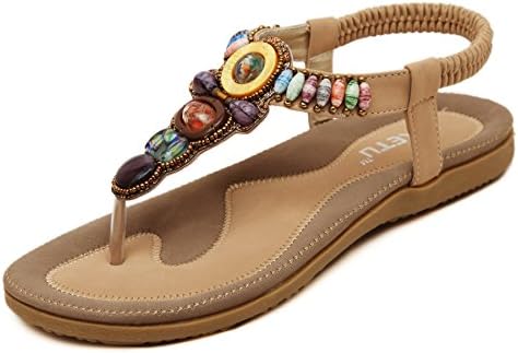 D2C Beauty Women's Summer Bohemian Flat Beads Thong Sandals - Apricot 10 M US