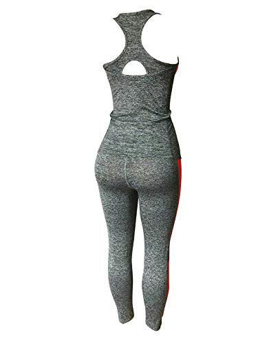 Women Sports Gym Yoga Workout Activewear Sets 2 Pieces Top+Leggings Set (M/L, Grey/Dark Coral Touch) - Thumbnail 3
