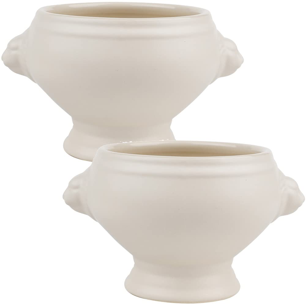 TAMUME Matt Finish Porcelain Soup Bowl with Handles, Lion's Head Style for French Onion Soup, Set of 2 (White *2)