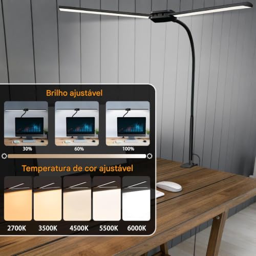 Luminaria de Mesa LED para Escritório e Casa, 5 Cores de Luz, 10 Níveis de Escurecimento, Proteção para os Olhos, USB, para Leitura e Estud