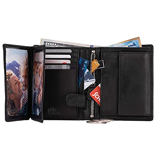 DiLoro Mens Wallets Italy Bifold Flip ID Leather Wallet Vertical Slots Coin and Zip Compartment Large Capacity RFID Blocking (Black Nappa)