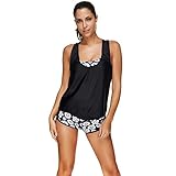 JOYMODE Women's White Floral Three Pieces Bikini Sets Boyshorts Beachwear Tankini Swimsuit