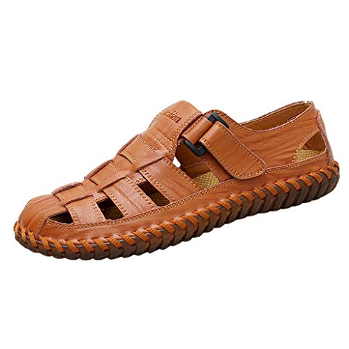 Yomiafy Men's Closed Toe Sandals Outdoor Leather Fisherman Shoes Casual Beach Sandals(Brown,US:11)