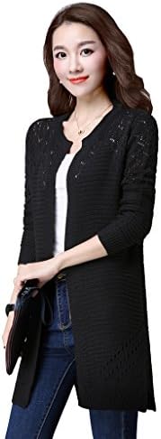 KUBITU Womens Boyfriend Stripe Open Front Hollow Out Lightweight Long Cardigan Medium Black