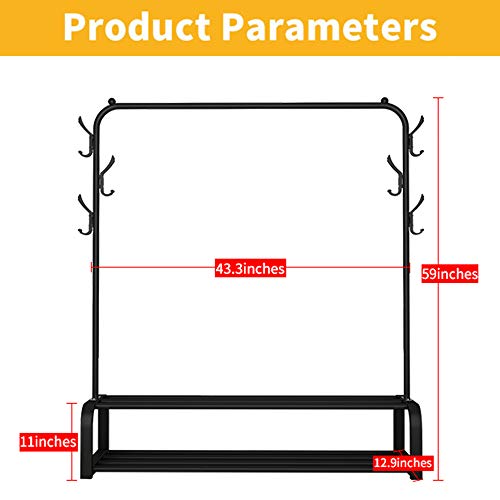 UDEAR Garment Rack Freestanding Clothes Rack with Top Rod,Lower Storage and 6 Hooks,Black