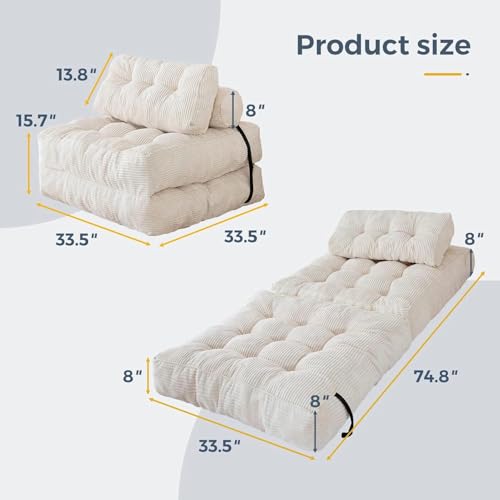 Folding Sofa Bed, Transformable Sleeping Chair Bed with Pillow, Floor Sofa with Back Support, Folding Mattress Suitable for Living Room, Bedroom, Study(WHITE)