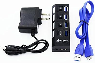 Junmin 4 Port USB 3.0 HUB 5Gbps High Speed +AC Power Adapter For PC Laptop Mac