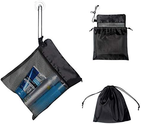 Yihoon Mesh Shower Tote Bag Caddy - Toiletry Dorm Gym Organizer 10.5”L x 9”H with Suction Cup and Zipper Drawstring Pouch 11”L x 10”H (Black, 2 in 1)