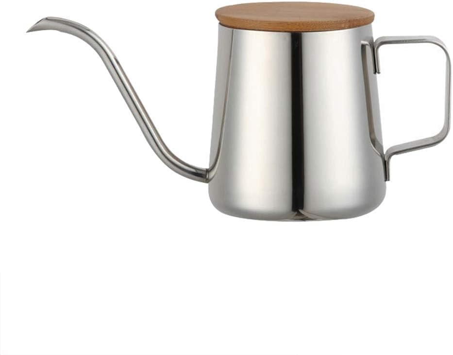 Jytrading Coffee Pot, Stainless Steel Long Narrow Spout Coffee Pot Wood Lid Pour Over Gooseneck Kettle Silver 350ml