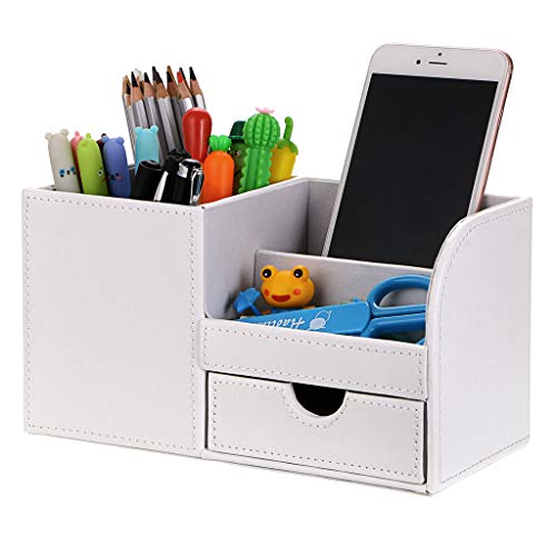 BTSKY Desk Pen Pencil Holder Leather Multi-Function Desk Stationery Organizer Storage Box Cell phone, Business Name Cards Remote Control Holder Home Accessories Organizer with Small Drawer Offic White