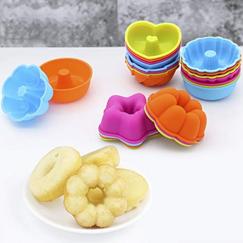 LetGoShop Silicone Molds for Muffin, Reusable Cupcake Liners Donut Pans,Non-stick Baking Cups 6 Shapes,Heart, Stars, Flower, Round, Pumpkin, Spiral 24pcs colorful