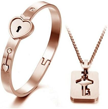Gevanya Men's Women's Heart Lock Bangle Bracelet Key Love Lock Pendant Necklace Crystal Stainless Steel (Rose Gold)