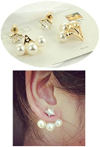 Pearl Crystal Rhinestone Front and Back Ear Cuff Ear Clips Stud Earring Set (golden)