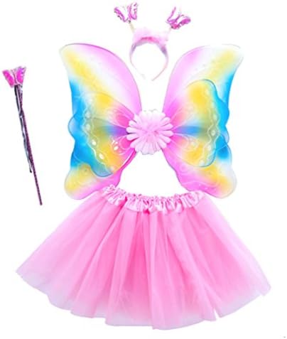 SamTaiker 4 PC Butterfly Girls Fairy Monarch Princess Costume Set with Wings, Tutu, Wand &amp; Head Band for Girls Dress up (Pink)