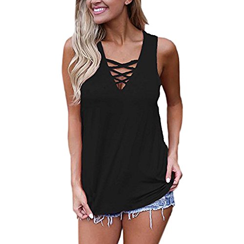Summer Tank Tops,Women's Sleeveless Blouse Lace Up Vest Loose Criss Cross Cami Beachwear Tunics Cardigan Polos Black