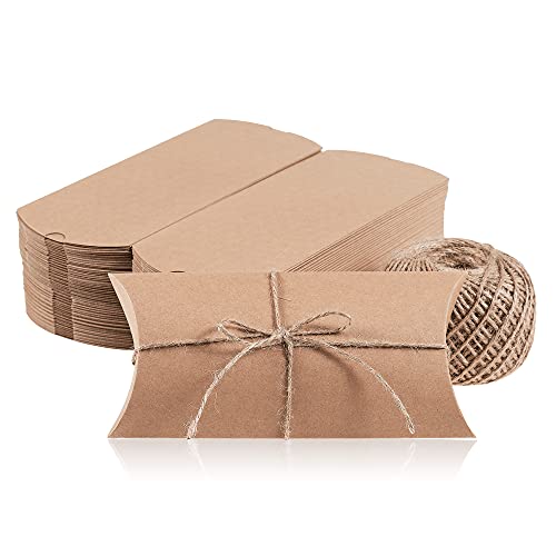 MATICAN Pillow Boxes, 100-Pack Pillow Gift Boxes with Twine Rope, Kraft Mini Favor Boxes, 7.5 x 3.7 x 1.2 Inches at Amazon