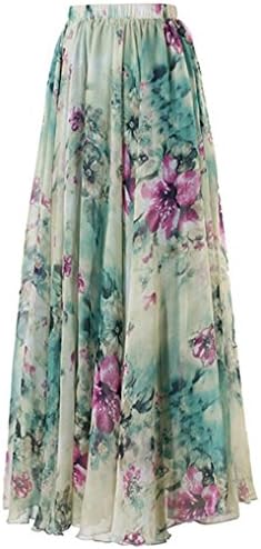 Summer Women's Boho Chiffon Floral Print Long Skirt High Waist Flared Pleated Maxi Dress