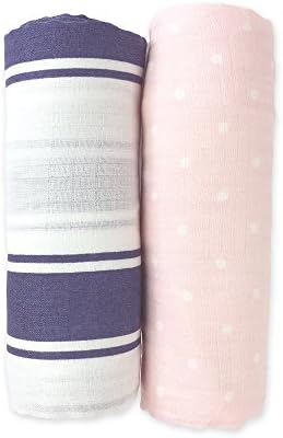 2 Pack Luxury Bamboo Muslin Swaddle Blankets by XOve Baby | X Large 47” x 47” Newborn Swaddling Wraps &amp; Baby Shower Gift (Nautical Blue / Pink Polka Dot)