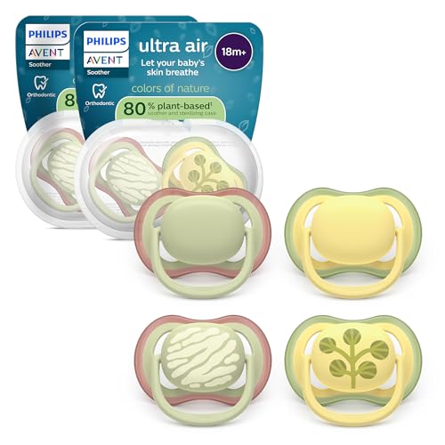 Philips Avent Ultra Air Pacifiers: Anatomically Designed, for Babies 18+ Months, Soft Silicone Symmetrical Teat BPA-Free with 2 Sterilizer Cases, 4-Pack, SCF349/55