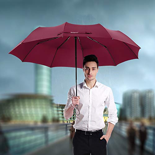 Bodyguard Travel Umbrella, 10 Ribs Finest Windproof Umbrella with Teflon Coating, Auto Open Close and Upgraded Comfort Handle - Gift Leather Cover (Red)