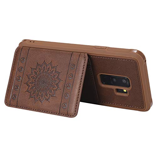 Shinyzone Slim Fit Back Wallet Case for Samsung Galaxy S9 Plus with Card Holder,Embossed Sunflower Pattern PU Leather Flip Cover with Magnetic Stand Function with Detachable Lanyard,Coffee - Thumbnail 4