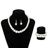 Bridal Wedding Party Faux Pearl Necklace + Earrings + 2-Row Bracelet Set