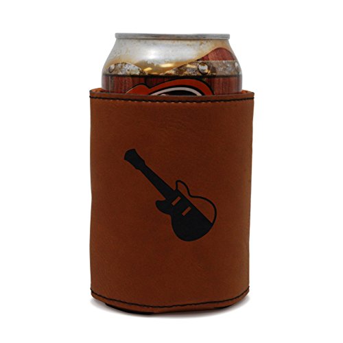 MODERN GOODS SHOP Leather Can Cooler With Electric Guitar Engraving - Oil, Stain, and Water Resistant Beer Hugger - Standard Size Beer and Soda Can Sleeve