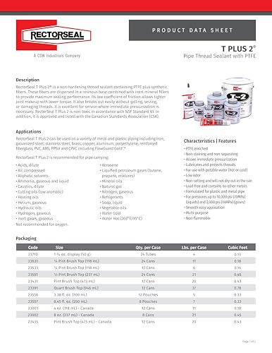 RectorSeal T Plus 2 23710 Pipe Thread Sealant, Non-Hardening, Synthetic Fibers, Contains photo 8