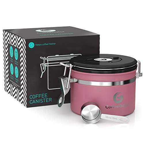 Coffee Canister - Coffee Gator Stainless Steel Coffee Container - Fresher Beans and Grounds for Longer - Date-Tracker, CO2-Release Valve and Measuring Scoop - Small, Pink