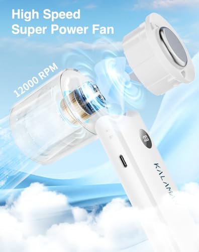 KALAMAN Handheld Portable Fan with Ice Cooler, 5000mAh Rechargeable Personal Fan,[15H Cooling Time] Mini Y Powerful [12000+ RPM] Small Pocket Fans for Travel/Outdoor/Office Quiet Neck Fan (White)