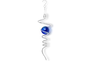 OMCCHK Gazing Ball Spiral Tail Wind Catcher Spinner Stabilizer,Mazarine Mirror Ball Metal Decoration Hanging,Stainless Steel Swivel Hook & Navy Blue Crystal Glass Sphere,Helix Kinetic Silver Art Ornament