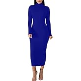 BORIFLORS Women's Sexy Basic Long Sleeve Turtleneck Bodycon Party Long Pencil Dress