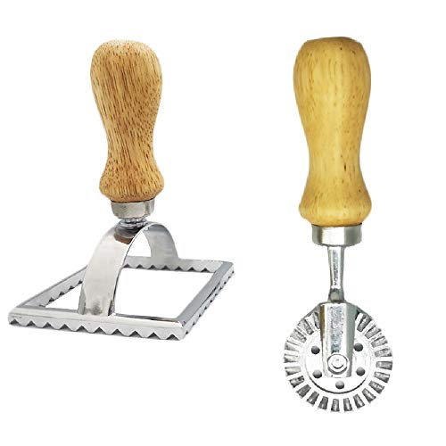 Ravioli Maker Cutter Stamps and Pasta Wheel Set Round & Square Shape Ravioli Masker with Wooden Handle and Fluted Edge, Pasta Press Kitchen Attachment,Set of 4