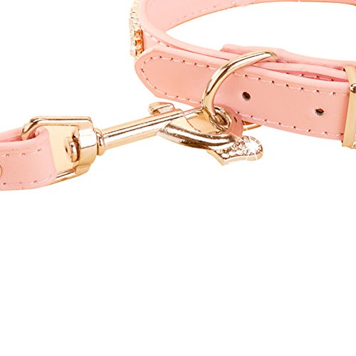 Bling Rhinestone PU Leather and Crystal Diamond Puppy Collar for Pet Dog Cat Collar with leash (S, Pink)