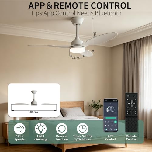 YrgePowk 106CM Ventilateur Plafond avec Lumiere avec Telecommande, 60W Plafonnier Ventilateur Silencieux 6 Vitesses Du Vent Réversible, Ventilateur de Plafond 3 Couleurs Timer Mémoire