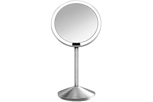 simplehuman Sensor Mirror, 5" Round Rechargeable Mini Travel Makeup Mirror, 10x Magnification, Brushed Stainless Steel